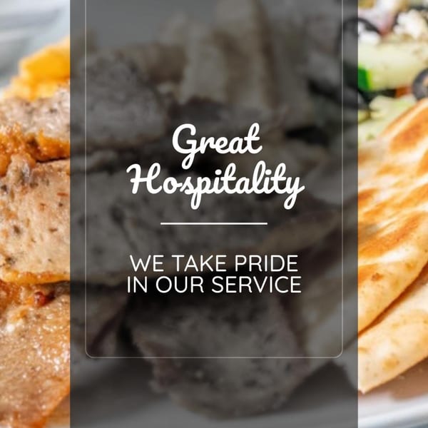 Text "Great Hospitality, We Take Pride in Our Service" overlaying blurred images of food.