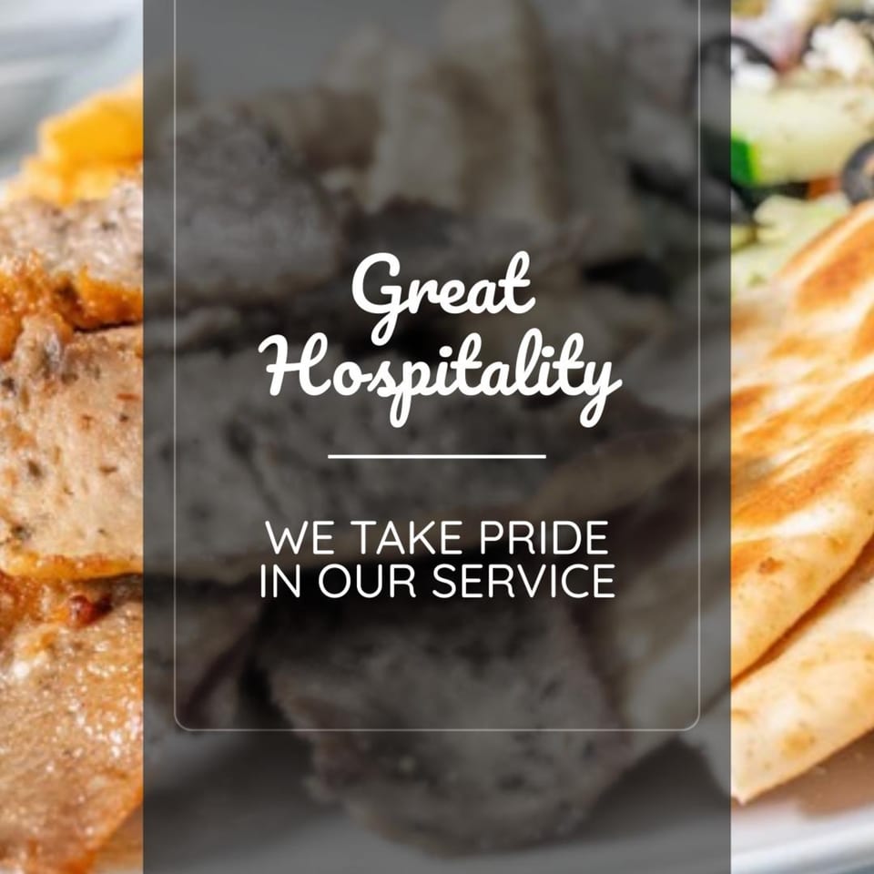 Text "Great Hospitality, We Take Pride in Our Service" overlaying blurred images of food.