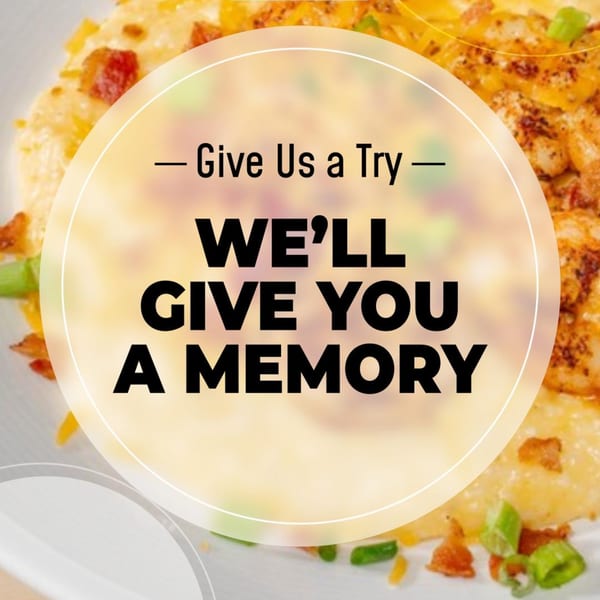 Cheesy grits with bacon bits and green onions, overlaid with a promotional message.